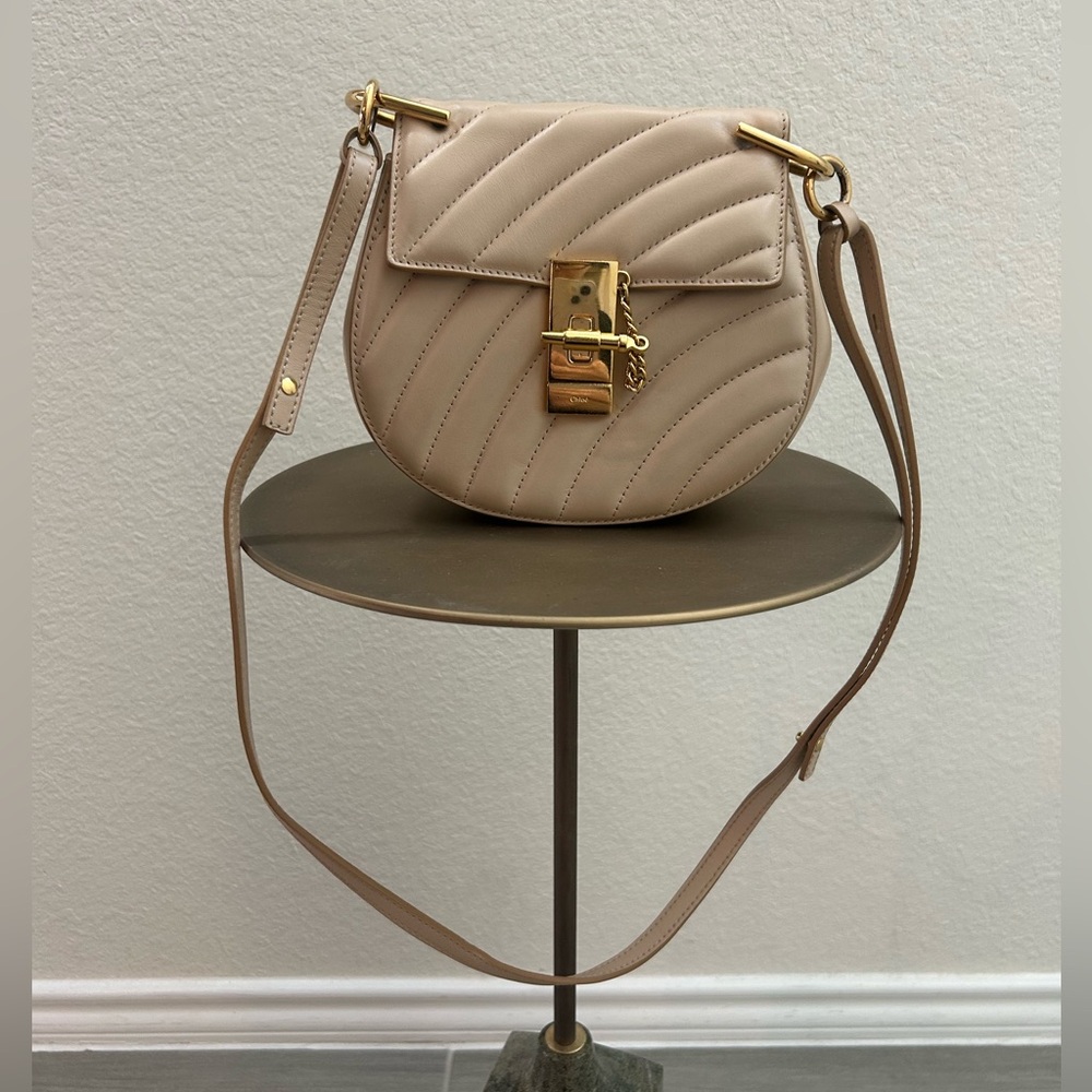 Chloe Quilted Drew Bijou Crossbody Bag in Light Beige with Gold Hardware